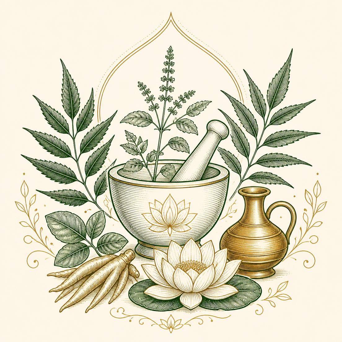 Elegant Ayurvedic botanical line illustration