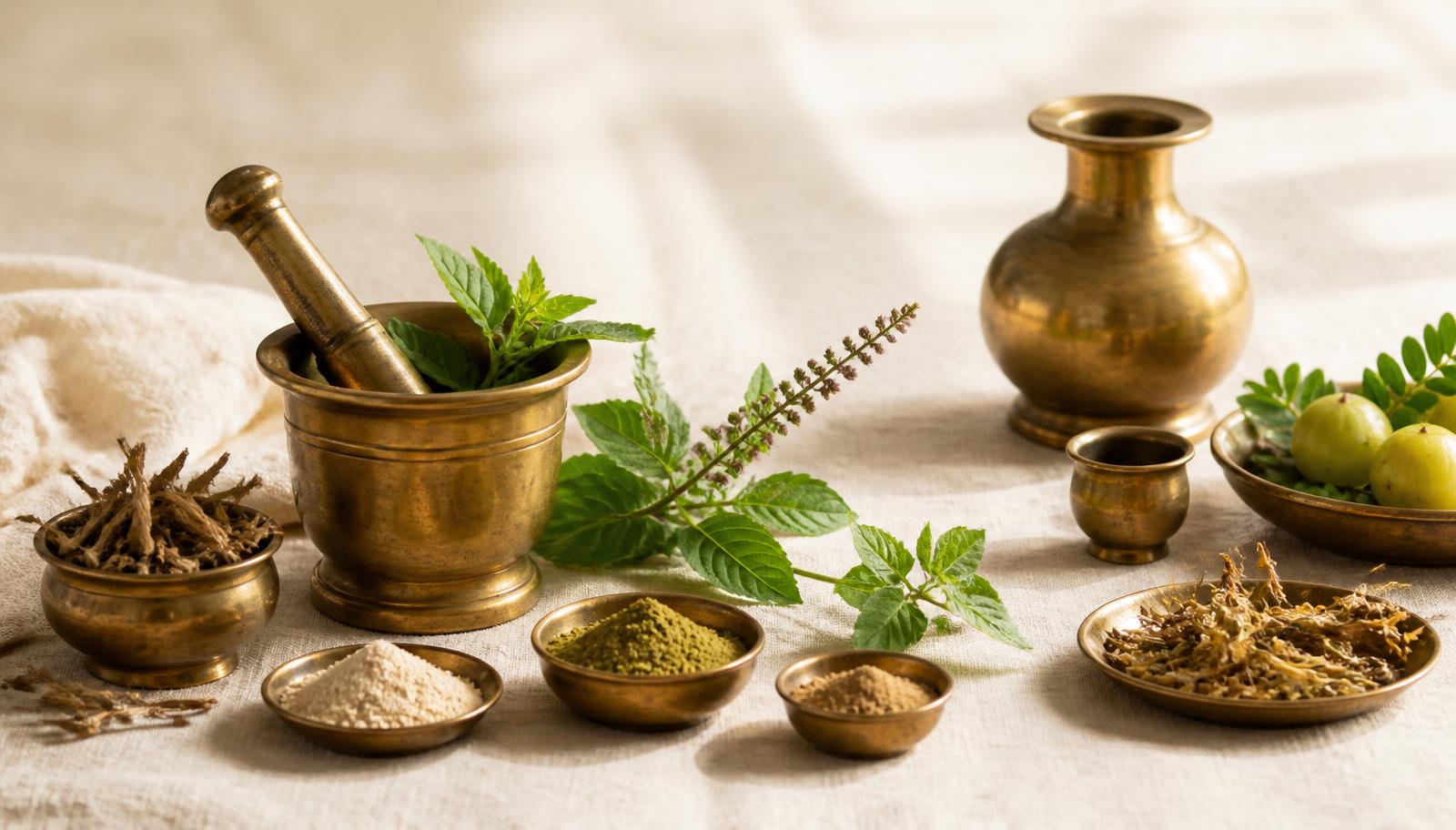 Ayurvedic herbs, brass mortar and pestle and medicinal powders on cream linen