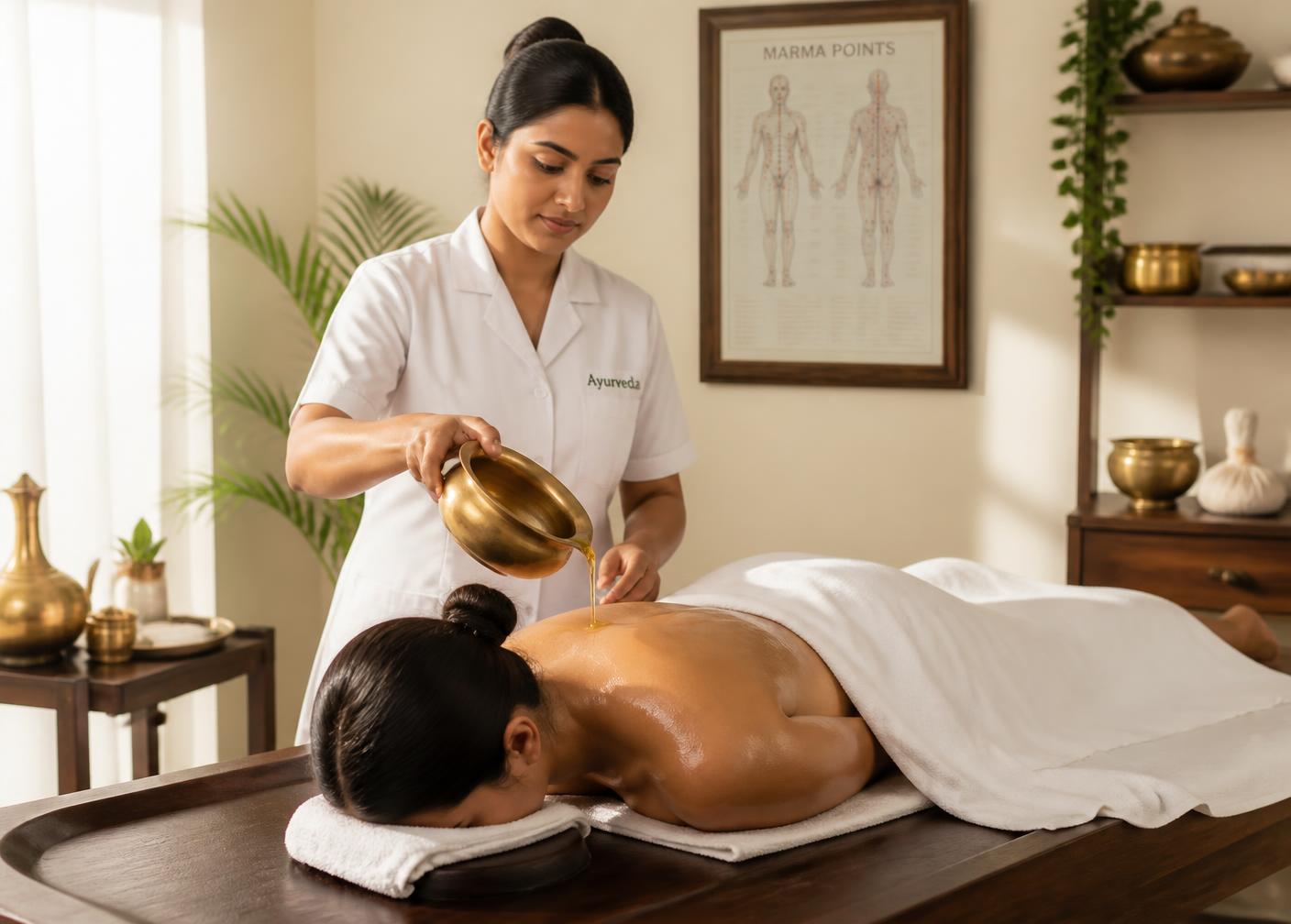 Ayurvedic therapist pouring warm medicated oil for an Abhyanga full body massage in a sunlit clinic
