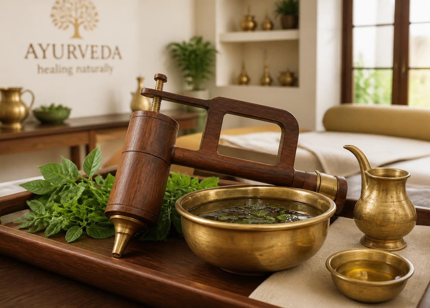 Traditional wooden Ayurvedic Basti apparatus with a brass bowl of medicated herbal decoction and fresh herbs