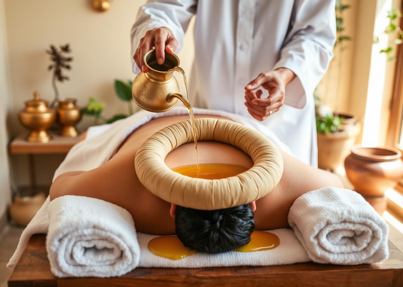 Warm medicated oil being poured into a dough ring placed over the neck for Greeva Basti therapy