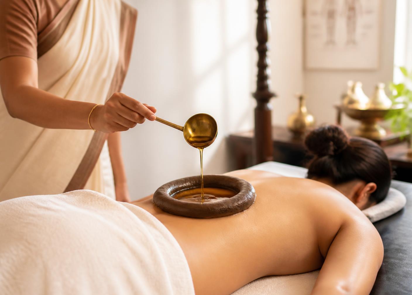 Warm medicated oil being poured into a herbal dough ring placed on a patient's lower back for Kati Basti