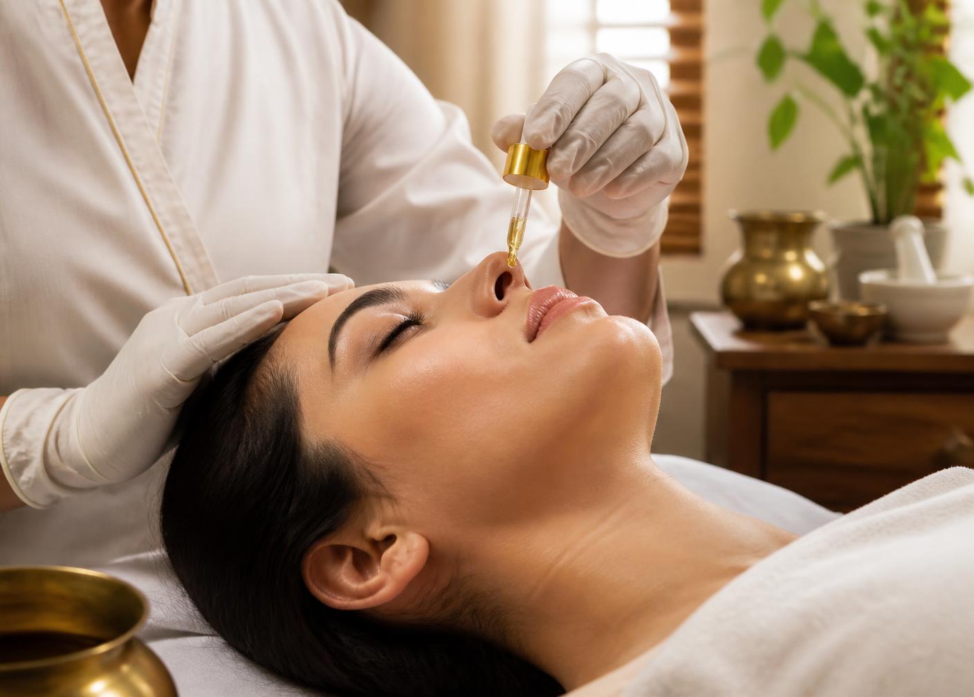 Clinician administering medicated oil drops into a patient's nostril during Ayurvedic Nasya therapy