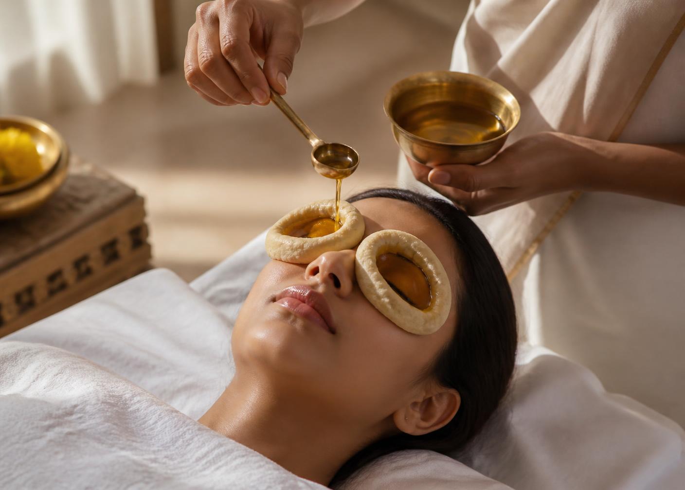 Medicated ghee being poured into dough rings around the closed eyes of a patient during Netra Tarpana
