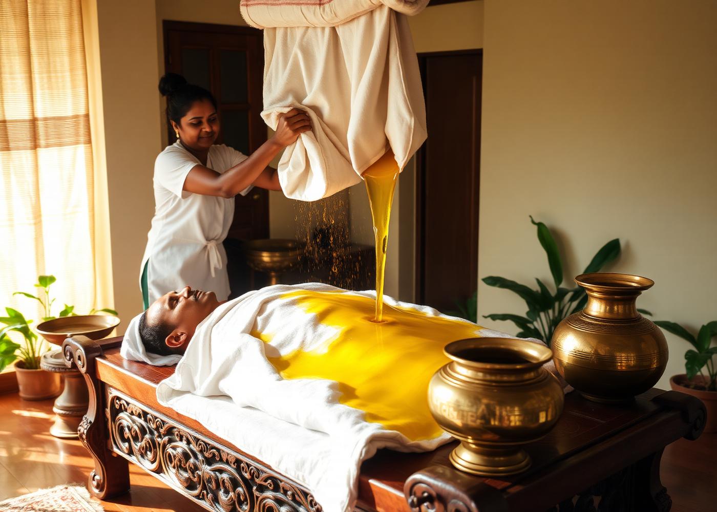 Therapist squeezing warm medicated oil from a cloth over a patient during Kerala Pizhichil oil bath therapy