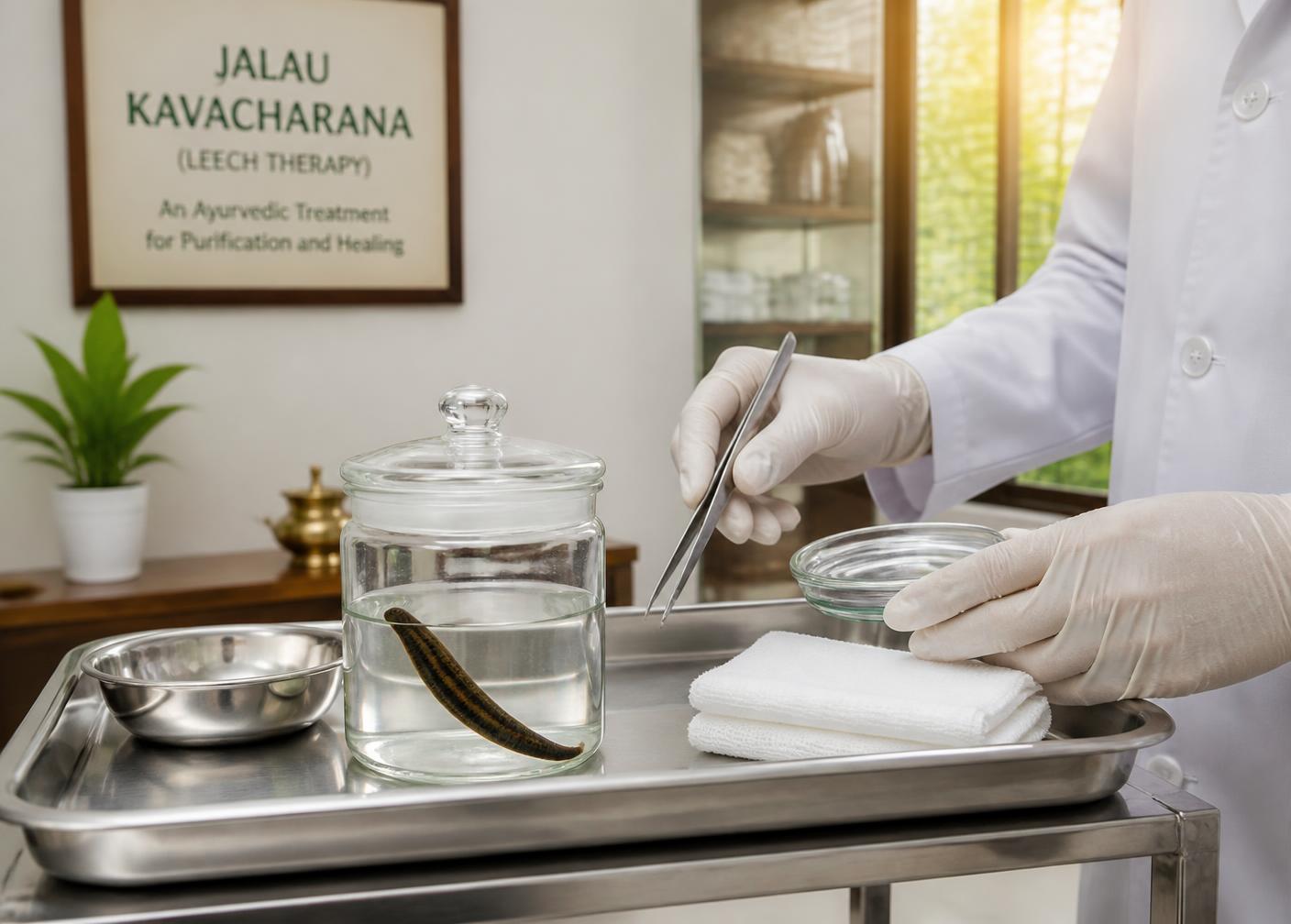 Sterile clinical tray with a medicinal leech in a glass jar and gloved clinician preparing Rakta Mokshan therapy