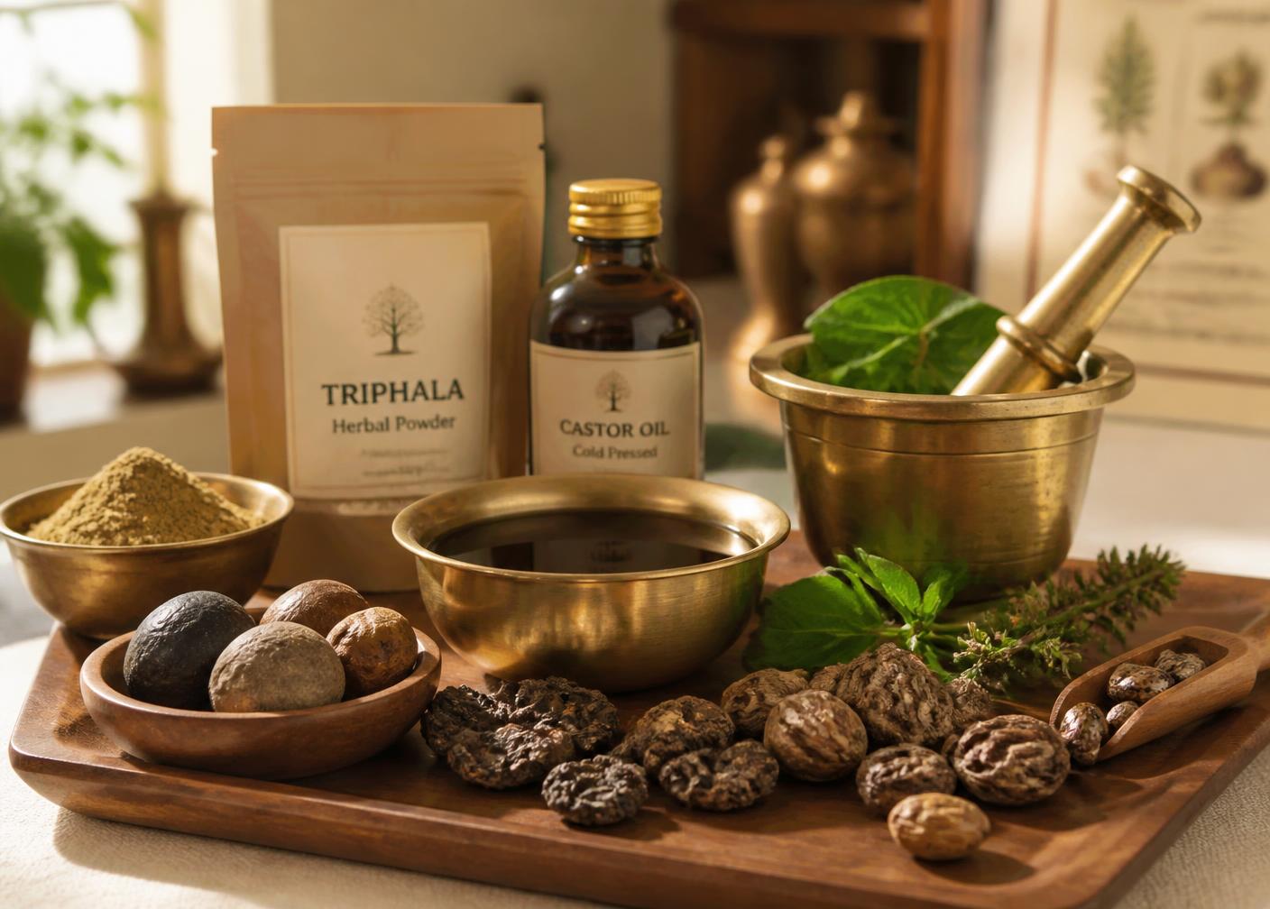 Triphala, castor oil, dried herbal fruits and a brass mortar prepared for Ayurvedic Virechana therapy