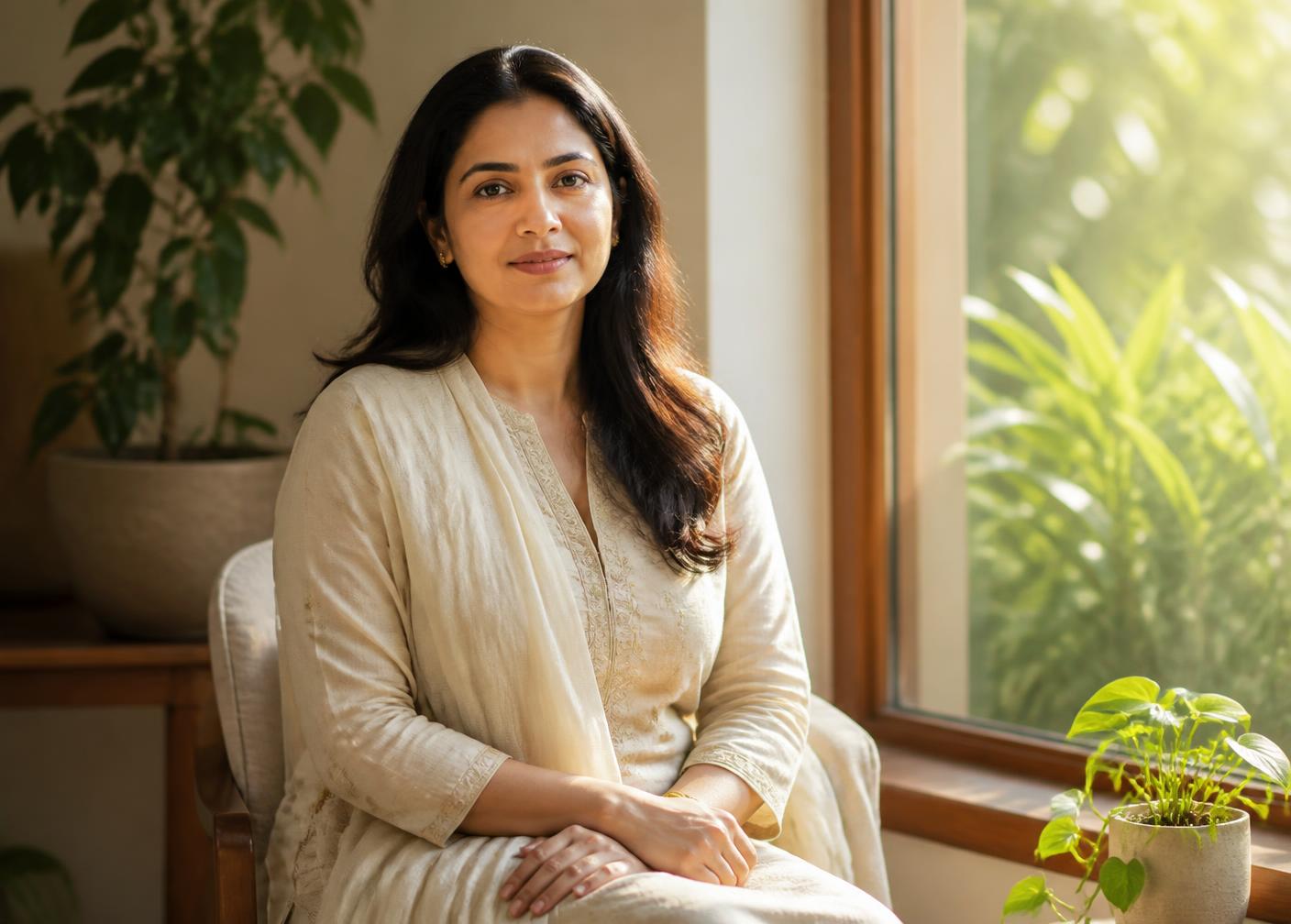 A calm woman seated by a sunlit window, representing respectful Ayurvedic women's healthcare
